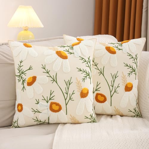 LUOYEHK White Daisy Pillow Covers 18x18 Inch Pack of 2 Embroidered Throw Pillow Covers Decorative Pillow Cases Spring Farmhouse Floral Tufted Cushion Covers for Couch Sofa Bed Living Room - color: White Daisy