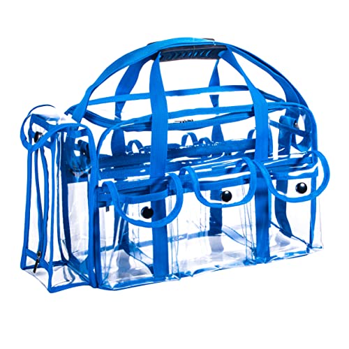 Wide Opening Large Professional Clear PVC Travel Makeup Artist Set Cosmetic Nails Beauty Transparent Vinyl Tool Organizer Work Beach Diaper Bag With 6 External Pockets & Strap (Blue) - color: Blue