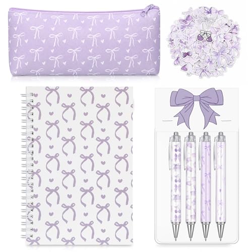 Sayglossy Purple Bow Set Pen Spiral Notebook Journal Pencil Case Sticker - color: Purple