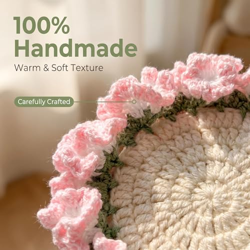 Flower Crochet Coasters Set, Handmade Bouquet Coaster with Crochet Plant Pot, Cute Drink Coasters for Desk Coffee Table, Foldable Decorative Coasters for Home Office Decor Gift (Pink) - color: Pink