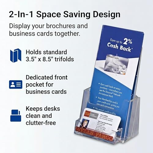 Clear-Ad - Acrylic Trifold Brochure Holder with Business Card Pocket - Rack Card Display - Pamphlet Stand - LHF-P100 (Single Pack) - size: Single Pack