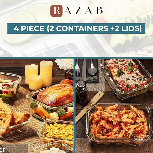 Razab 6.5 Cups / 52 Oz 4 Piece (2 Containers + 2 Lids) Glass Food Storage Containers Set with Airtight Locking Lids - For Storing, Baking & Serving BPA Free, Leakproof - Microwave, Freezer & Oven Safe - color: Gray