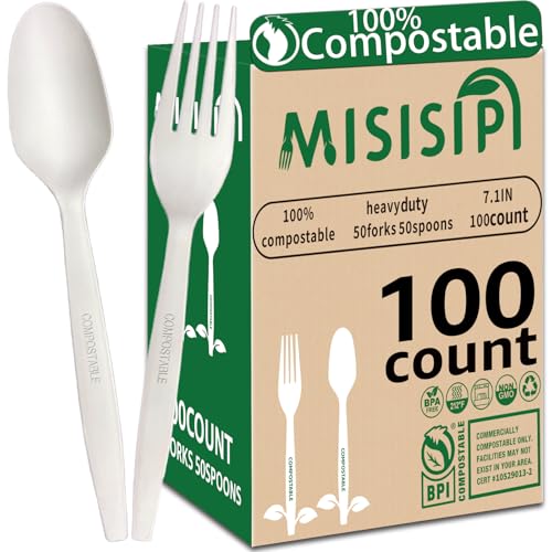 MISISIPI [7.1In 100Pcs] 100% Compostable Forks and Spoons Biodegradable Forks and Spoons HeavyDuty No Plastic Fork and Spoon Eco-friendly HeavyWeight Disposable Forks and Spoon Flatware Set - style: Forks Spoons-100