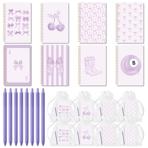CNhoqc Purple Coquette Bow Notebooks, 8-Sets A5 Ballpoint Pens Organza Bags - color: 8-Set Purple Bow