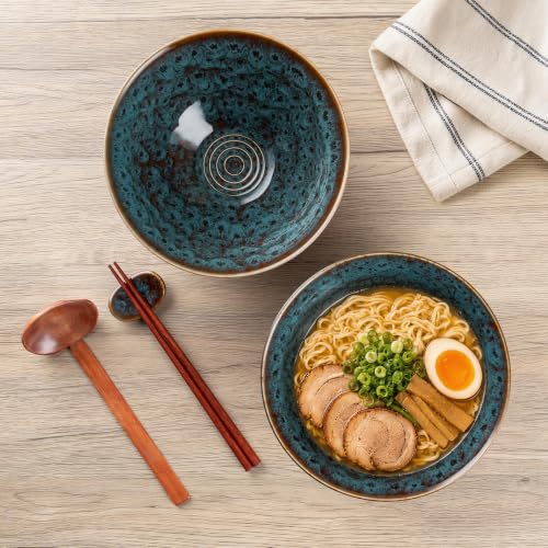 40oz Japanese Ceramic Ramen Bowl Set of 2 with Chopsticks and Spoons for Pho Udon Asian Soup Noodles (Peacock Tail) - color: Peacock Tail