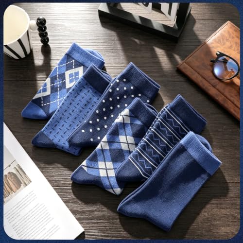 6 Pairs Mens Dress Socks, Men Business Cotton Crew Socks - color: Blue