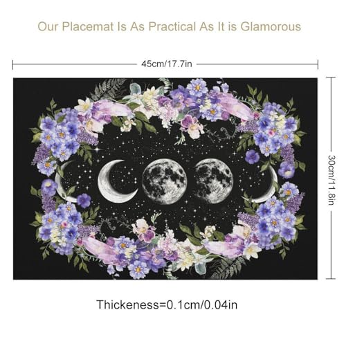 Boho Floral Witchy Moon Phase Purple Placemats Set of 4, 12x18 Inch - color: Pm-floral Moon01, size: 4pcs