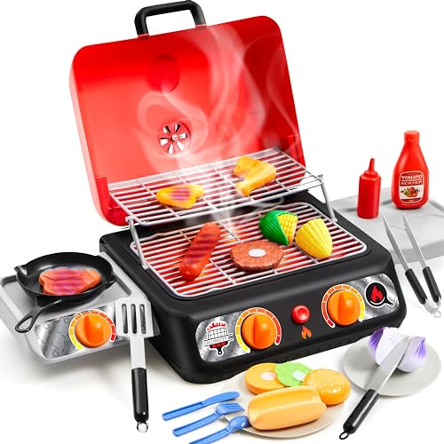 Kids BBQ Grill Playset, Kitchen Toy Set with Pretend Smoke, Light, Sound & Color-Changing Food, Play Kitchen Accessories, Indoor Outdoor Cooking Toy for Boys Girls Kids Birthday Gift