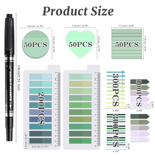 1450 Sheets Transparent Sticky Notes, 3 x 3 inch Aesthetic Clear Lined Sticky Notes with Pen, Gradient Color Waterproof Self-Adhesive Annotation Tabs for Bible Journaling (Green Series) - color: Green Series