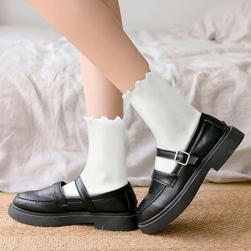 DQCUTE Women's Ruffled Ankle Cotton Crew Socks, 6 Pairs - color: 6-white Color