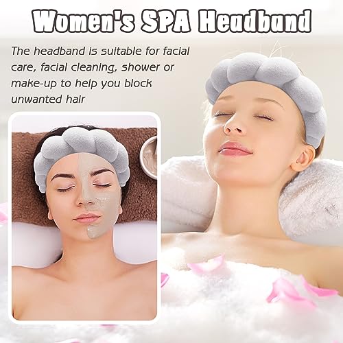 Zkptops Spa Headband for Washing Face Wristband Set Sponge Makeup Skincare Headband Terry Cloth Bubble Soft Get Ready Hairbands for Women Girl Puffy Padded Headwear Non Slip Thick Hair Accessory(Grey) - color: Y Grey