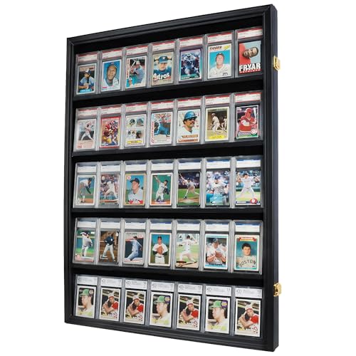DisplayGifts PRO-Collector's 35 Graded Sports Card Display Case, for Football, Baseball, Basketball, Hockey Cards - 98% UV Protection (Vertical-Black Finish) - size: 35 Cards Holder-Black Frame-Vertical