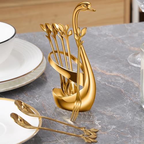 AnSaw Gold Swan Base Holder Set with 10 Pcs 4.7" Mini Leaf Spoons & Forks - color: Gold Swan