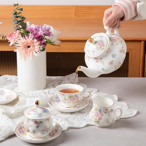 Sweejar Porcelain Tea Set Vintage Floral, British Relief Gold Rim Teapot Cup and Saucer Sets, 22-Piece Tea Sets for Adults, with Teapot, Sugar Bowl, Milk Jug, Spoons, Cup and Saucer (Small Flower) - color: Small Flower