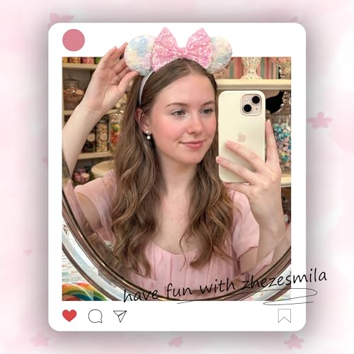 zhezesmila Pastel Floral Mouse Ears Headband – 3D Rosette & Pink Sequin Bow Costume Accessory for Women & Girls – Spring Princess Theme Park Outfit for Travel Birthday Party