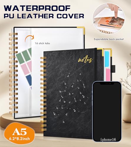 5 Subject Spiral Notebook Journal with Removable Dividers Tabs, 300 Pages Organizer Notebooks for Work School, A5 Hardcover Leather Notebook College Ruled, Lined Journal for Women Men，Black - color: Black, size: A5