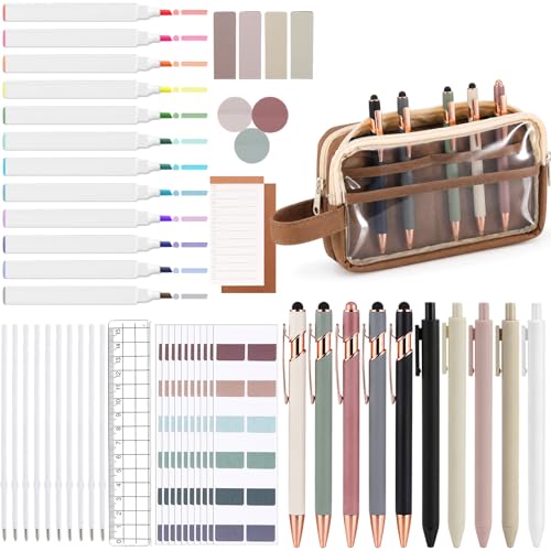 Crtiin 52 Pcs Aesthetic Pencil Pouch Set with Pen Highlighters, Brown - color: Brown