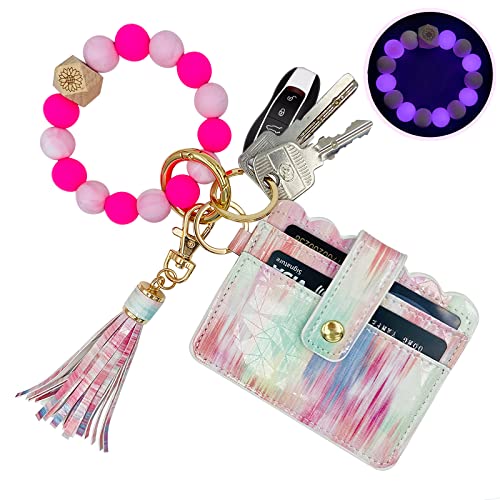 Keychain Wallet Wristlet Small Credit Card Holder Bracelet Key Chain Purse Bangle Tassel Beads Key Rings for Women - color: 01-pink Noctilucent