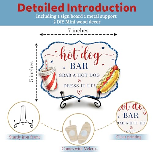 Patriotic Wooden Hot Dog Sign with Metal Stand, 5 x 7 Inch Independence Day Tabletop Food Display for BBQ Party, Buffet Table, Food Truck, Hot Dog Shop, Celebration Decor - A02 - color: DLR A02