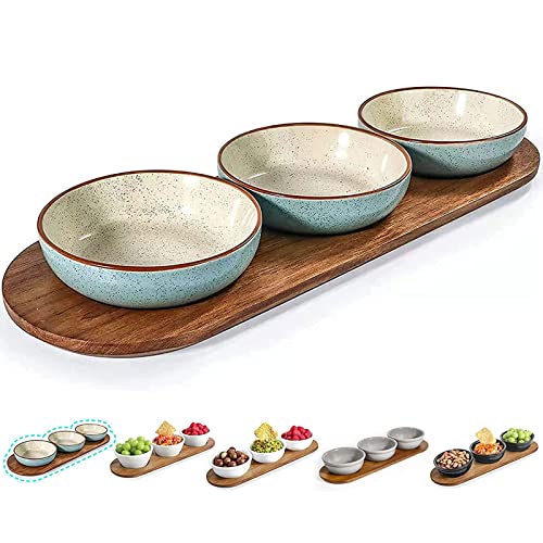 Artena 6oz Turquoise Solid Ceramic Chips and Dip Serving Platter with Acacia Wooden Tray, 4.5inch Glazing Small Serving Bowls/Dipping Dishes for Condiments,Side Dishes, Dipping, Pre, Dessert, Salsa - color: Blue, size: 4.5 inch