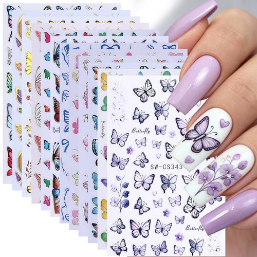 Butterfly Nail Art Stickers Decals 12 Sheets 3D Self-Adhesive Nail Decals Purple Blue Gradient Butterflies with Flower & Leaf Designs Stickers for DIY Manicure Acrylic Gel Nail Decorations for Women - style: Butterfly Flower