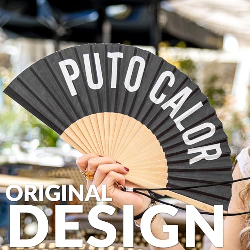Fisura – Original Black Folding Hand Fan with Message P*to calor, Foldable Wooden Handheld Fan for Women, with Hanger, Perfect for Birthday, Wedding, Party or Gift - color: Calor, Black