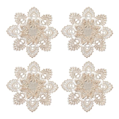 Phantomon 12 Inch Lace Placemats Embroidered Vintage Floral Beige Linen Lace Table Coasters, Decorative Drink Mats for Coffee, Tea & Dining Table, Set of 4