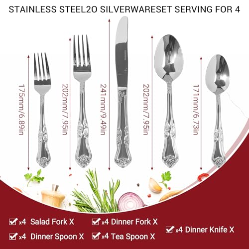 Silverware Set,20-Piece Stainless Steel Flatware Set with Floral Handles,Included Knife Spoon and Fork, Mirror Polished Cutlery Utensil Sets for Home Kitchen Restaurant Wedding, Party - color: Silver, size: 20 pieces for 4