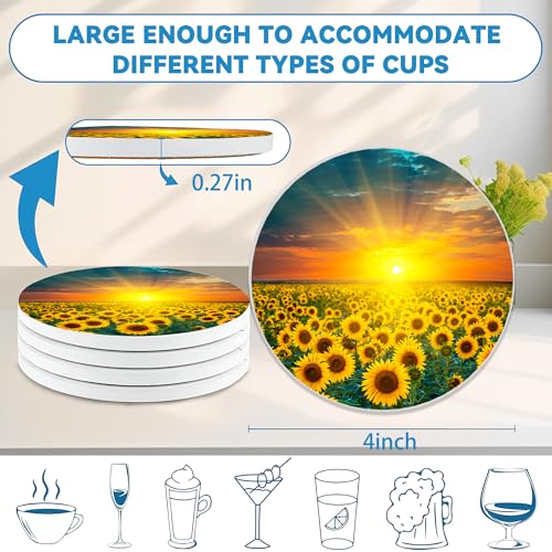 Drinks Coasters Set of 4, Sunflower Round 4" Cup Coasters, Absorbent Ceramic Stone Coasters with Cork Base, Cute Coasters for Table Home Décor, Ideal Gifts for Women Men - color: Sunflower