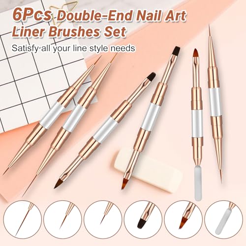 MUIIGOOD Double-Ended Acrylic Nail Art Liner Brushes, 6Pcs Gel Polish Nail Art Design Pen Painting Tools Set For Nails, Dotting Drawing Tool Polygel Brush for Long Lines, Thin Details, Fine Drawing - color: White
