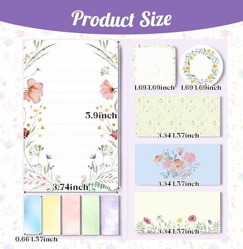 Wildflower Sticky Notes Set Cute Floral Self Stick Writing Memo Pads Aesthetic Summer Flower Notepads for Students Back to School Classroom Office Teacher Appreciation Gift Stationery Supplies
