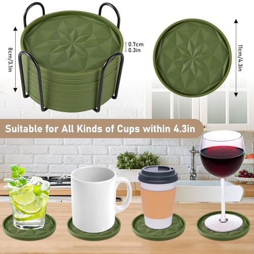 OIAHOMY 8 Pcs Coasters with Holder for Beer, Coffee, Silicone Coaster Set for Table Decor for Kitchen, Bar, Dining Room, Living Room, Housewarming Gifts - Green - color: Green, size: 8Pcs
