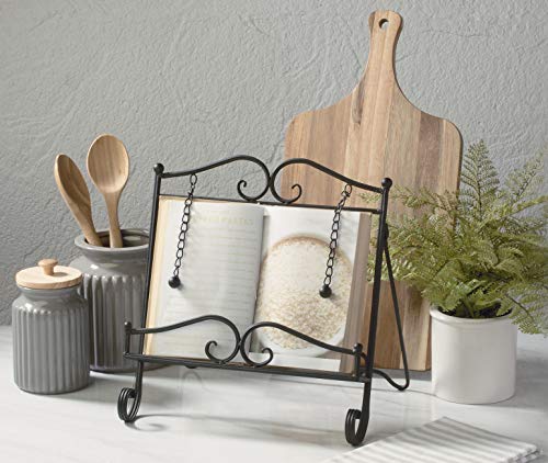 TRIPAR Swirl Design Black Metal Cookbook Stand for Cookbooks, Recipe Holders, Tablets, Catalogs, Portable, Adjustable, Free Standing - color: Black