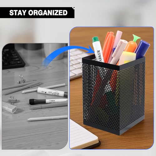 Comix Mesh Pen Holder Desk, Wire Pencil Holder with Foam Pad and Non-Slip Bottom Office Supplies Desk Organizer for Home Office School, 1 Pack - color: Square-1 Pack