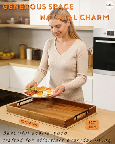 22" x 15.75" Wooden Serving Tray with Handles, Acacia Ottoman Tray - color: Acacia