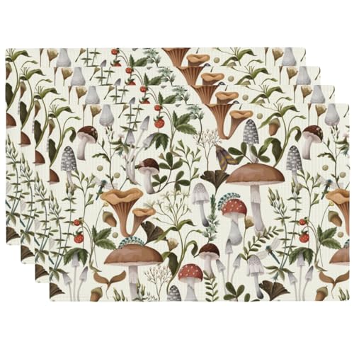 Boho Beige Wild Mushroom Print Placemats Set of 4 12x18 Inch - color: Beige, size: Set of 4
