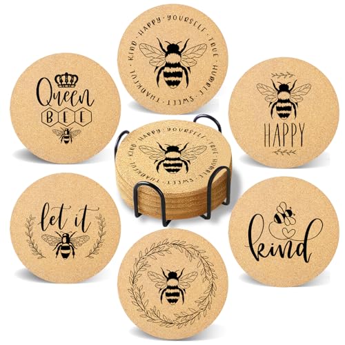 Coasters for Drinks with Holder Set of 6, Bee Coaster Absorbent Cork Wood for Cup Desk Office Table Kitchen Decor House Warming Gifts for New Home Couples, Round 4" - color: Beer