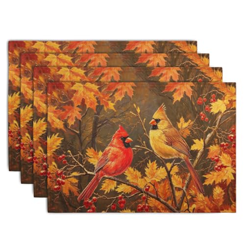Maple Leaf Birds Fall Placemats Set of 4 Rustic Autumn Colored Maple Forest Tree Place Mat Seasonal Thanksgiving Harvest Table Mats for Party Kitchen Dining Outdoor Indoor Decor - color: Fall Birds