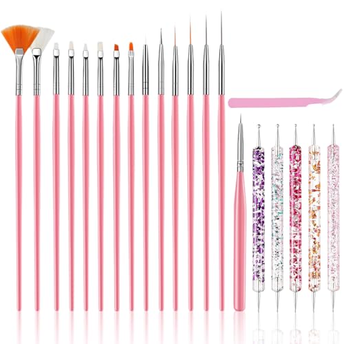 Nail Art Tools Set, Nail Art Kit for Beginners: 15 professional nail brushes for nail art, 5 precision dotting tools, 1 pink curved tweezers, Design Tools for Nail Tech & Beginners