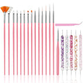 Nail Art Tools Set, Nail Art Kit for Beginners: 15 professional nail brushes for nail art, 5 precision dotting tools, 1 pink curved tweezers, Design Tools for Nail Tech & Beginners