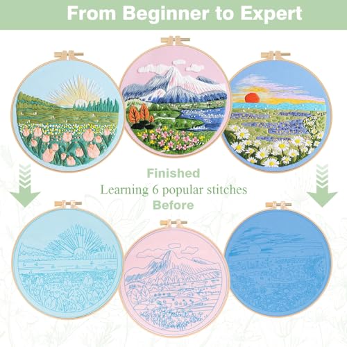 RidaaFri Embroidery Kit for Beginners, 3PC Floral Mount Sunshine Patterns