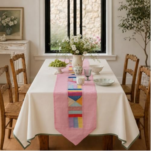 Korean Table Runner, Ramie Bojagi Patchwork, Pastel Pink, 79 in - color: Pastel Pink