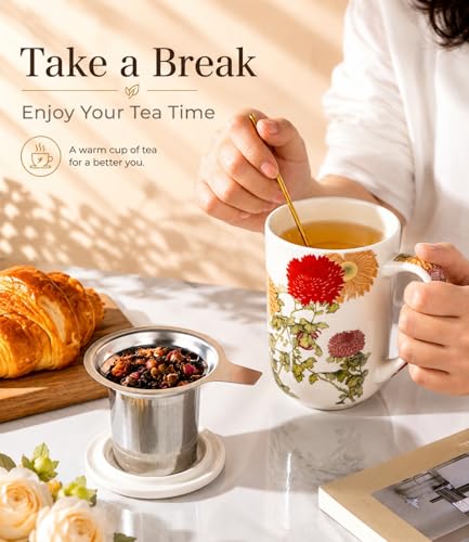 AmorArc Tea Cup With Infuser and Lid, 18oz Loose Leaf Tea Mug With Steeper - color: Colorful Mums