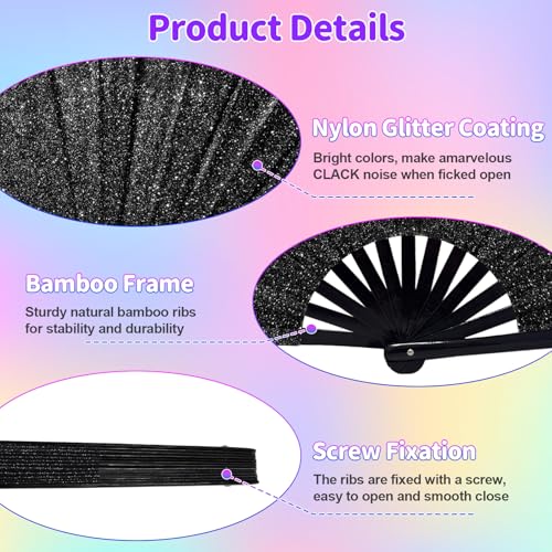 EOSAU Large Glitter Rave Fan, Folding Hand Fans for Line Dancing, Black - color: 13" Black 01