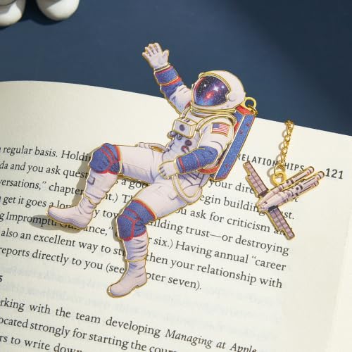 2 Pack Astronaut Metal Bookmarks with Planet and Satellite Chain Pendants - color: Astronaut