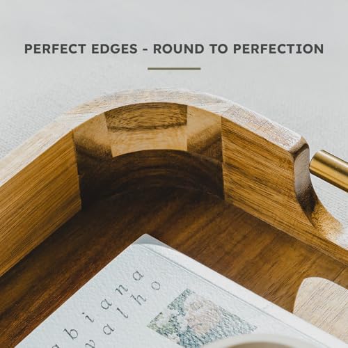 Acacia Wood Ottoman Tray with Handles, 17x13 Inch Rectangle Serving Tray for Coffee Table, Living Room & Breakfast, Decorative Wooden Ottoman Tray with Anti-Skid Pads (Gold Handle 01) - color: Golden Handle 1