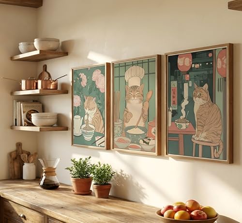 3Pcs Cute Funny Japanese Ramen Cat Canvas Wall Art Tabby Cat Eating Noodles Posters Prints paintings Vintage Japan Edo Period Wall Decor Pictures for Living Room Dining Room Kitchen Home Decoration - color: Ramen cat