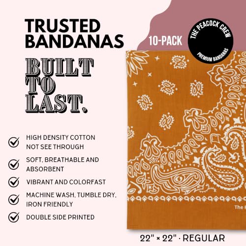 The Peacock Crew Premium Soft Cotton Bandanas Pack for Men and Women Paisley 22 x 22 inches - color: Pack of 10 Honey Ginger