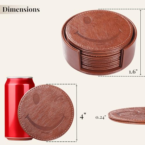 Coasters for Drinks Set of 6 with Holder, 6-Piece Leather Coasters with Embossed Smiley Designs - Durable Drink Coasters Set for Home, Bar, or Office - Brown - color: Brown