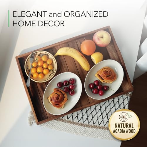 Large Acacia Wooden Serving Tray with Handles 20 x 14 inch Decorative Coffee Table Ottoman Tray for Living Room Extra Large for Kitchen Dinner Food Bar Breakfast in Bed (Color Natural) - color: Natural Wood